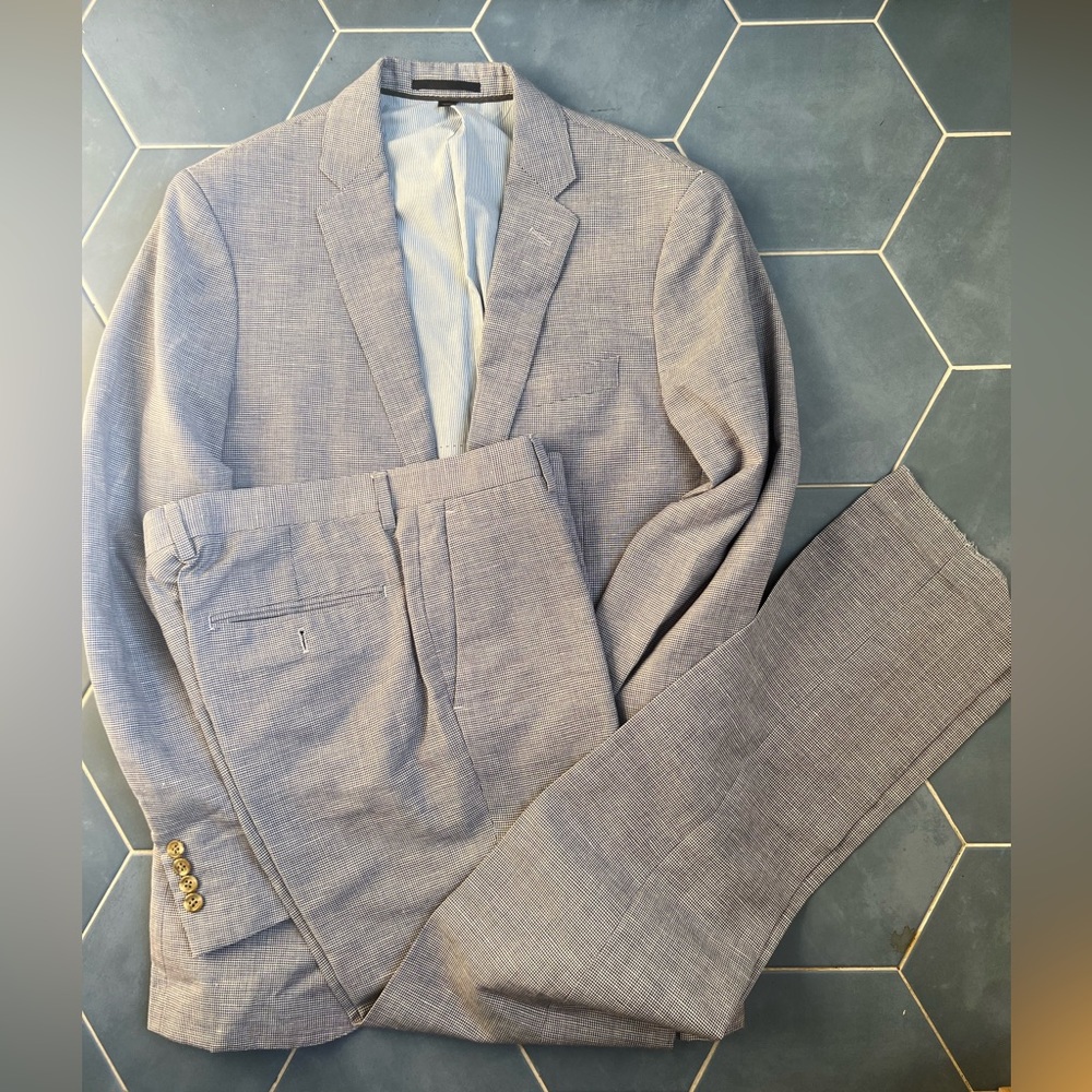 J CREW LUDLOW wool/linen light blue houndstooth 38R